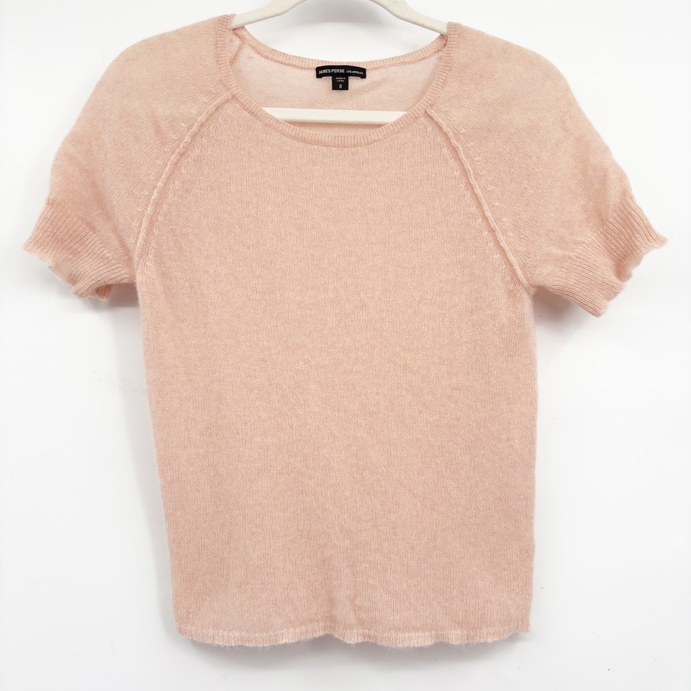 James Perse Womens Pink Cashmere Sheer Minimalist Short Sleeve Sweater 0 XS